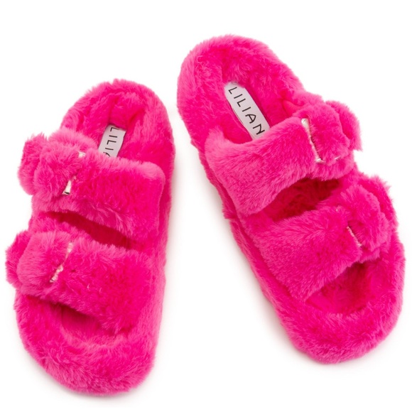 LILIANA SHOES DEARLY-3 2 STRAP FUR SANDALSin Fuchsia Size 7 with silver accents - Picture 1 of 10